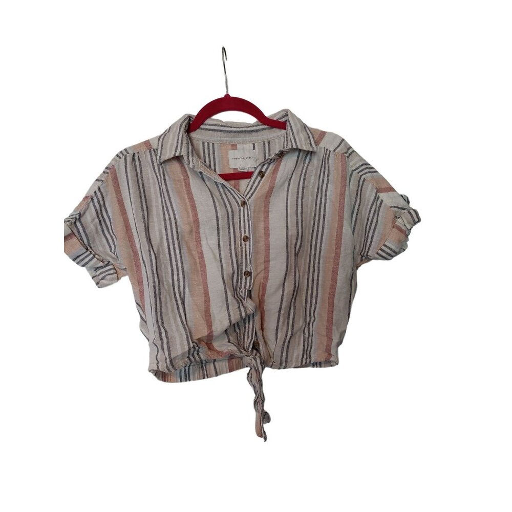 American Eagle Striped Button-Up Tie-Front Crop Shirt XS
